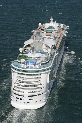 Vista aerea del Liberty of the Seas desde la sección de Popa... en los laterales vemos los jacuzzis flotantes, la zona de deportes... ¡Un barco increíble! CRUCEROS CARIBE OFERTA DESCUENTO ROYAL CARIBBEAN